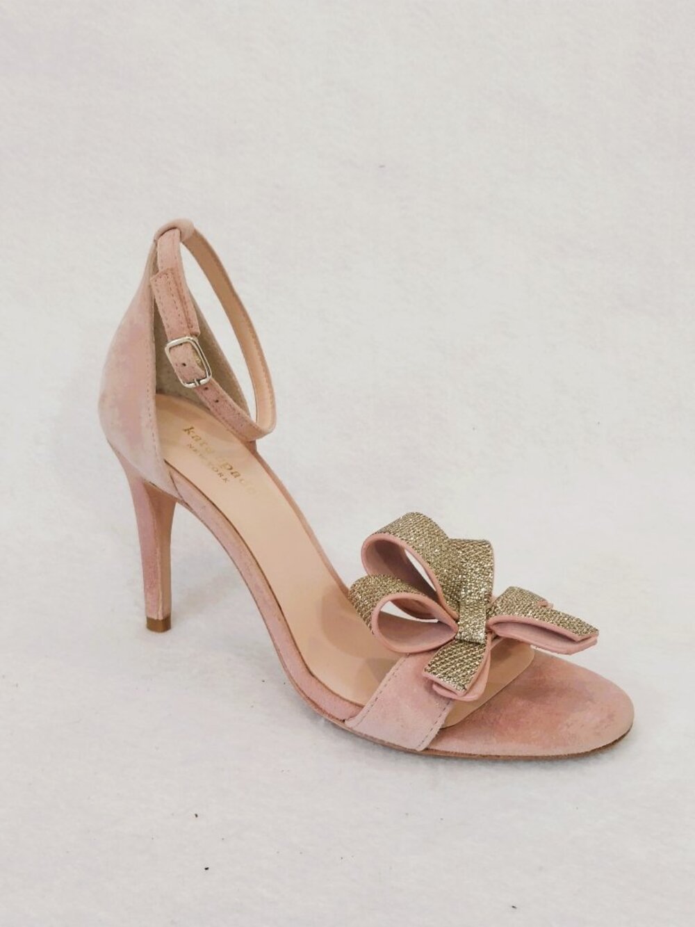 KATE SPADE Designer Sandals Heels 8 Light Pink Suede Glitter Bow Open Toe Strap.